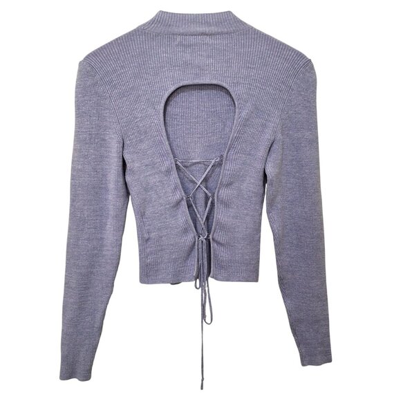 Anthropologie Lavender Sparkle Mock-Neck Open-Back Lace-Up Sweater S Soft Girl - Picture 3 of 9
